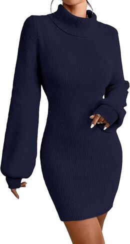 Turtleneck Sweater Dress for Women Lantern Sleeve Bodycon Pullover Mini Sweater Dress Stretchable Elasticity Slim in Kuwait