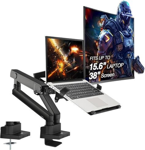 AVLT Laptop and Monitor Stand - Mount 15.6" Notebook and 32" Monitor on 2 Full Motion Adjustable Arms - Organize Your Work Surface with Ergonomic VESA Monitor Mount in Saudi Arabia