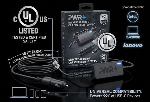 Pwr USB-C CAR Charger for Dell Latitude 11 12 13 5175 5285 5289 7275 7285 7370, Dell Pro 13 14 16 Plus, Dell XPS 12 13 9370 9365, Dell Chromebook 11 3100 5190 - UL Listed 10 Ft Power Supply Cord 90W in Kuwait