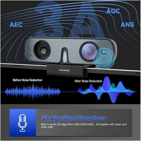 ROCWARE Webcam with Microphone, RC15 1080P Computer Camera for PC 30pfs with 110°FOV/Privacy Cover/Low Light Correction,USB Web Cam for Zoom/Skype/Teams/Conference/Video Calling/Meeting in Kuwait