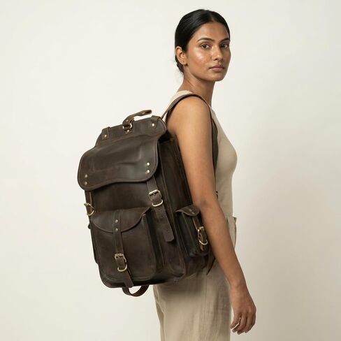 Satchel And Fable Vintage Full Grain 21 Inch Leather Laptop Large Backpack Casual Bookbag Daypack Camping Travel Rucksack Knapsack in Kuwait