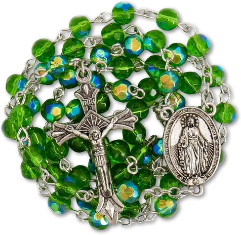 Nazareth Store Green Crystal Beads Catholic Rosary Necklace Holy Mary Medal & Cross Crucifix, Handmade Christian Holy Rosary - Gift Bag in Kuwait