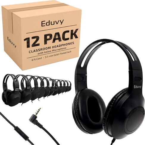 Bulk Headphones for Classroom with Microphone, Heavy-Duty School Pack Wired Headphones for Students. Teacher Must Haves Supplies from Elementary to College (24 Pack Black) in Kuwait
