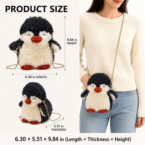 QZUnique Plush Penguin Purse for Women Fluffy Novelty Handbag Kawaii Crossbody Shoulder Bag Chain Wallet Sheep Chick Bear in Kuwait
