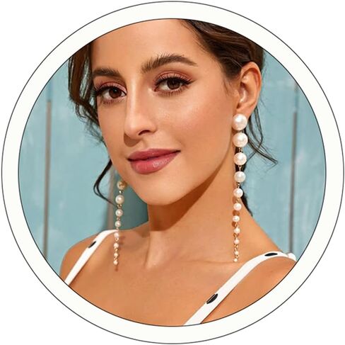 14K Gold Plated Long Pearl Earrings for Women White Pearl Drop Dangle Earring Hypoallergenic Elegant Wedding Pearl Tassel Earrings for Bridal in Kuwait