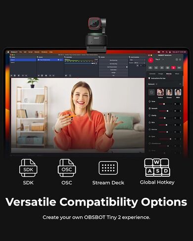 OBSBOT Tiny 2 Webcam 4K التحكم الصوتي PTZ، تتبع الذكاء الاصطناعي متعدد الأوضاع والتركيز التلقائي، كاميرا ويب مع مستشعر 1/1.5 بوصة، التحكم بالإيماءات، 60 إطارًا في الثانية، تصحيح ضوء HDR، كاميرا ويب للكمبيوتر الشخصي، البث، الاجتماعات، إلخ. in Kuwait