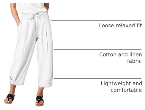 Amlztr Womens High Waist Casual Wide Leg Loose Linen Trouser Capri Wide Leg Cropped Pants with Drawstring in Kuwait