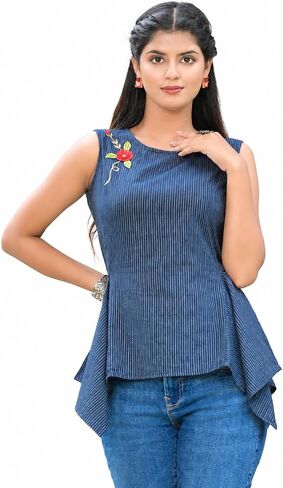 Indian Stylish Sleeveless Cotton Embroidered Regular Tops for Women (Blue) in Kuwait