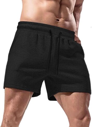Lehmanlin Men's Cotton Running Shorts with Pockets 5 Inch Workout Bodybuilding Training Shorts in Kuwait