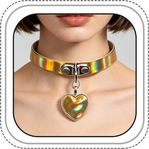 Holographic Laser leather Heart Choker Necklace Rainbow Punk Collar Rivet Buckle Necklace for Women Jewelry in Kuwait