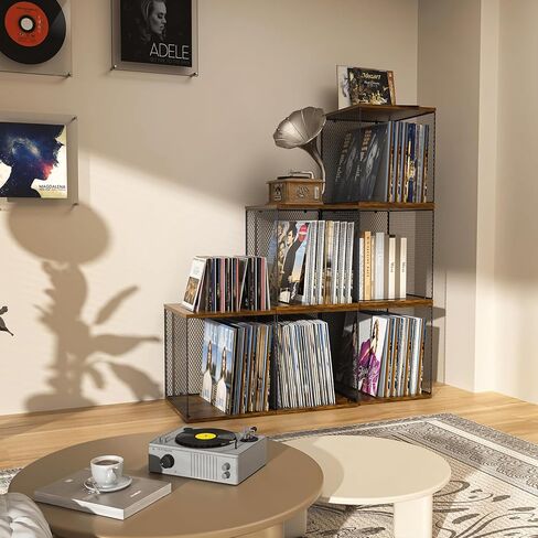 Record Holder Shelf Vinyl Record Storage Furniture,DIY Stackable 50-100 Records Visualize Album Storage Box Cube Natural Wooden Organizer Crate Records Cabinet Record Vinyl Storage in Kuwait
