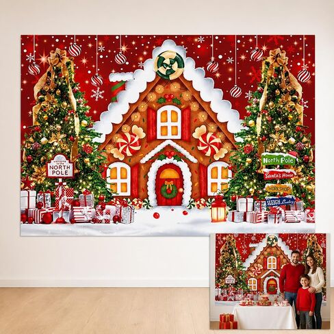 BINQOO 10x8ft Xmas Gingerbread Candy House Backdrop Gift Stacked Christmas Tree Snowflakes Red Background Warm Winter Kids Party Photo Studio Booth in Kuwait