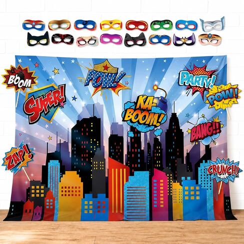 Wonder Woman and Other Superheroes Cityscape Photography Backdrop, Studio Props & Mask. Great as Super Hero City Photo Booth Background – Girl Birthday Party & Event Decorations in Kuwait