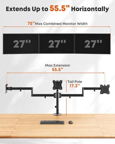 Dual Monitor Stand, Heavy Duty Vertical Stack Monitor Mount for 2 Screens Up to 32", Extra Tall 31.6" Pole Monitor Desk Mount, VESA 75x75/100x100, with C Clamp/Grommet Base, Black in Kuwait