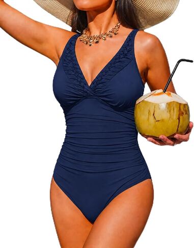 Hilor Women's One Piece Swimsuits Pin Tucked Surplice Swimwear Tummy Control Bathing Suits Monokinis in Kuwait