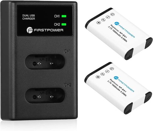 بطارية من النوع FirstPower NP-BX1/M8 X وشاحن ثلاثي الفتحات لهاتف Sony ZV-1F | 3x 1600 مللي أمبير، لسوني ZV1، ZV-1 II، ZV1F، Cyber-Shot DSC-HX80، HX90V، HX95، HX99، RX1، RX1R II، RX100 (II/III/IV/V/VA/VI/VII) in Kuwait