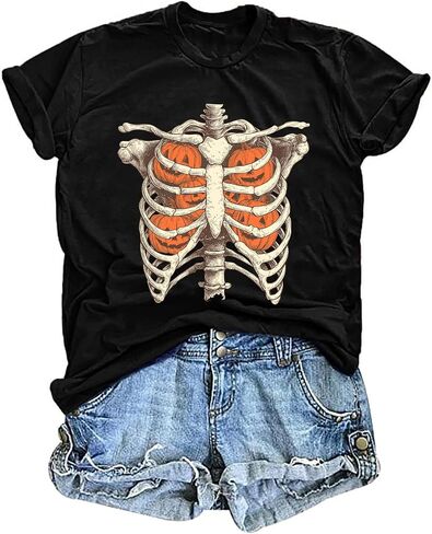 Dancing Skeleton Shirt for Women Happy Halloween T-Shirt Fall Skull Graphic Tees Tops Blouse Gift in Kuwait