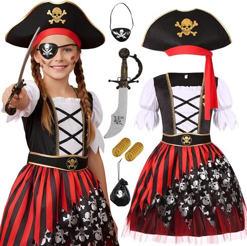Cuteshower Girls Pirate Costume for Kids Halloween Dress Up Pirate Pretend Cosplay in Kuwait