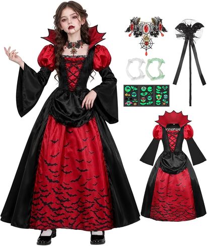 Royal Vampire Costume Girls Kids Halloween Costume Gothic Victorian Medieval Vampiress Queen Cosplay with Accessories in Kuwait