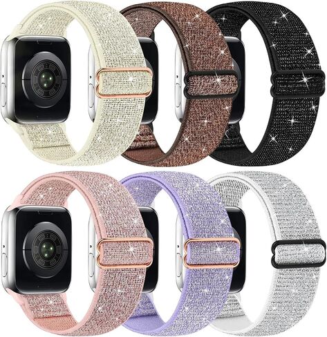 Bling Nylon Stretchy Bands Compatible With Apple Watch Bands 38mm 40mm 41mm 42mm 44mm 45mm 49mm For Women Girls, Adjustable Braided Solo Loop Sport Bands For iWatch Series 9 8 7 6 SE 5 4 3 2 1, 6 Packs in Kuwait