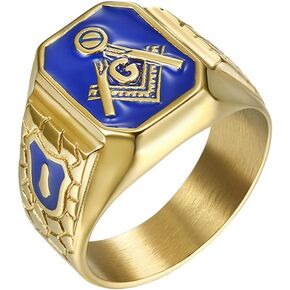 IFUAQZ Men's Stainless Steel Gold Plated Freemason Symbol Masonic Rings Blue G Lodge Master Mason Signet Biker Band in Kuwait