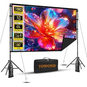 Projector Screen and Stand, Towond 100 inch Portable Movie Screen Indoor Outdoor 16:9 4K HD Front Rear Projection Screen with Carry Bag Wrinkle-Free and Foldable Design for Backyard Movie Night in Kuwait