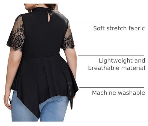 OYOANGLE Women's Plus Size Choker Neck Lace Mesh Asymmetrical Hem Tee Tops Elegant Short Sleeve Blouse in Kuwait
