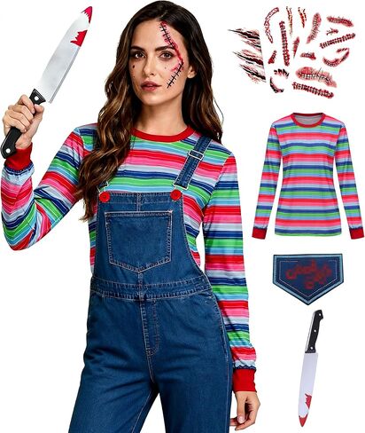Tuoweey Halloween Chucky Costume for Women Casual Long Sleeve Shirt Tops Horror Rainbow Striped Tee in Kuwait