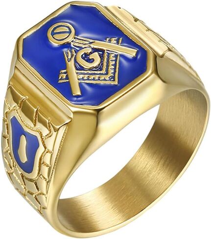 IFUAQZ Men's Stainless Steel Gold Plated Freemason Symbol Masonic Rings Blue G Lodge Master Mason Signet Biker Band in Kuwait