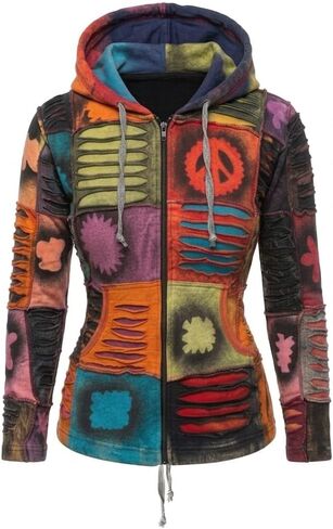 Shopoholic Fashion Slashed Patchwork Pixie Hippie Hoodie Jacket for Women, Lightweight Zip Up Sweater Cardigan in Kuwait