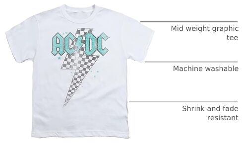 PopFunk Classic AC/DC Skewed Checkerboard Bolt, White Youth/Big Kids 7+ Years Unisex Boy Girl Short Sleeve Graphic T-Shirt (Medium) Skewed Checkerboard Bolt, White in Kuwait