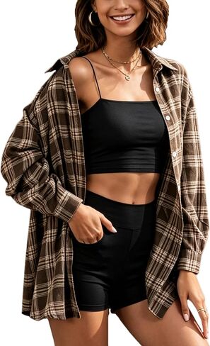 HangNiFang Womens Flannel Plaid Shirts Oversized Lightweight Button Down Shirts Blouse in Kuwait