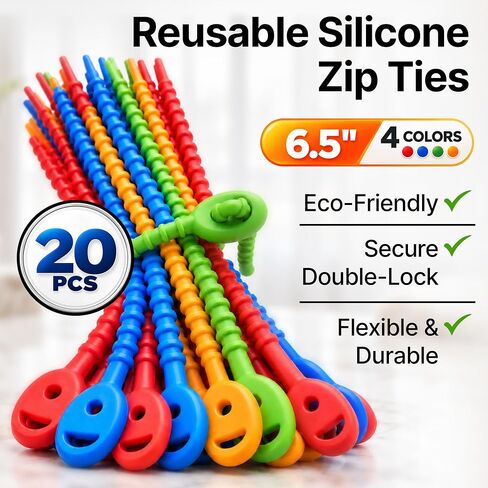 Multi Purpose Silicone Zip Ties - 20 pcs - 6 inch Reusable Zip Ties - Releasable Zip Ties in Multi Color (Red, Blue, Green, Orange) - Ties for Home, Office from EcoSearene in Kuwait