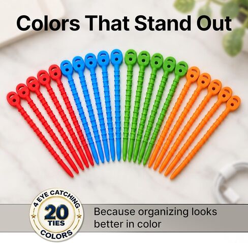 Multi Purpose Silicone Zip Ties - 20 pcs - 6 inch Reusable Zip Ties - Releasable Zip Ties in Multi Color (Red, Blue, Green, Orange) - Ties for Home, Office from EcoSearene in Kuwait