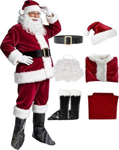Ceilia Santa Claus Costume Suit for Adult Men Deluxe Flannel Santa Outfit for Christmas Party Cosplay 5PCS (Deep Red) in Kuwait