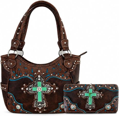 Western Style Rhinestone Cross Conchos Studded Women Purse Tooled Leather Handbag Country Shoulder Bag Trifold Wallet Set in Kuwait