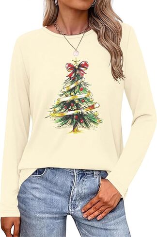 FASHGL Christmas Shirt Women Merry and Bright Pullover Christmas Lights Graphic T Shirts Xmas Long Sleeves Tops in Kuwait