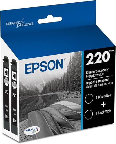 Epson 220 DURABrite Ultra Ink Standard Capacity Black Dual Cartridge Pack (T220120-D2) Works with Workforce WF-2630,2650, 2660, 2750, 2760 and Expression XP-320,420, 424 in Kuwait