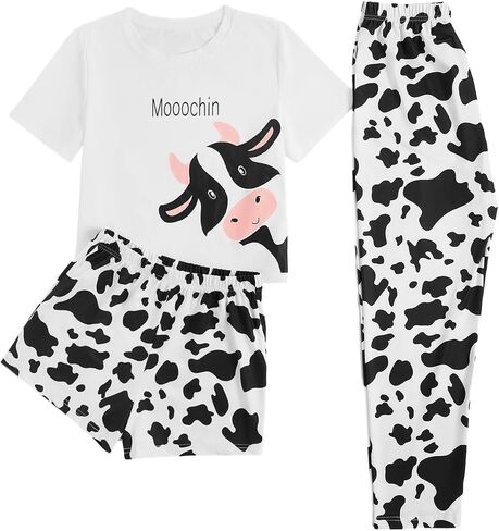 WDIRARA Women's 3 Pieces Sleepwear Cartoon Cow Print Top and Shorts with Pants Pajama Set in Kuwait