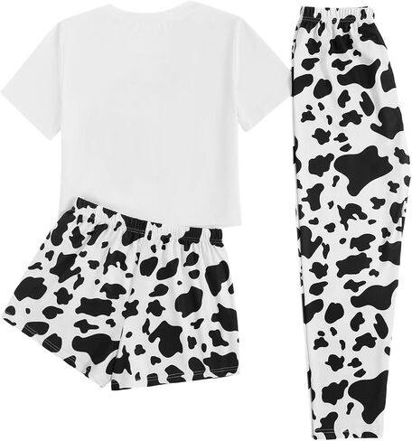 WDIRARA Women's 3 Pieces Sleepwear Cartoon Cow Print Top and Shorts with Pants Pajama Set in Kuwait