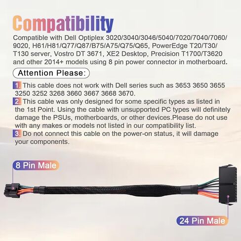 YEZriler 24 Pin to 8 Pin ATX PSU Power Adapter Sleeved Cable for DELL Optiplex 3020 5040 7020 9020 Precision T1700 13-inch(33cm) in Kuwait