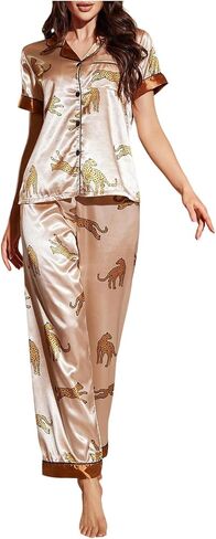 WDIRARA Women's 2 Piece Sleepwear Striped Satin Short Sleeve Shirt and Pants Pajama Set in Kuwait