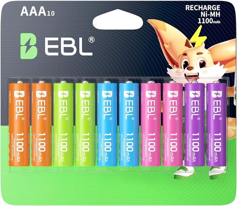 بطاريات AAA قابلة لإعادة الشحن من EBL، 10 عبوات، بطارية NiMH 1.2 فولت مشحونة مسبقًا ثلاثية A 1100 مللي أمبير في الساعة in Kuwait