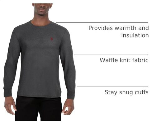 U.S. Polo Assn. Men's Thermal Shirt - Long Sleeve Waffle Knit Top, Size Large, Black in Kuwait