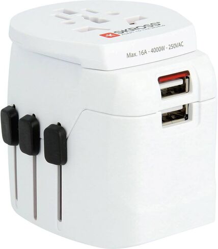 SKROSS Pro Light World Travel Adapter with USB | 3-Pole Travel Adaptor with Slide System | Designed for 200+ Countries | Compact and Reliable | White in Kuwait