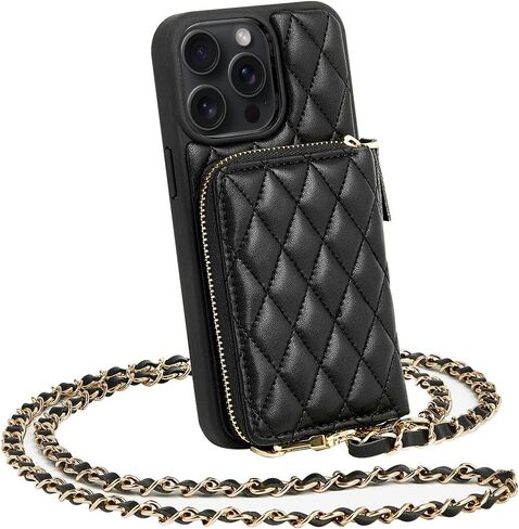 LAMEEKU Compatible with iPhone 13 Pro Wallet Case, Crossbody Case Quilted Leather Card Holder with Wrist Strap Protective Bumper Case for iPhone 13 Pro, 6.1 Inch - Black in Kuwait
