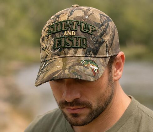 Artisan Owl Shut Up and Fish Funny Fishing Hat - Fisherman Embroidered Cap in Kuwait