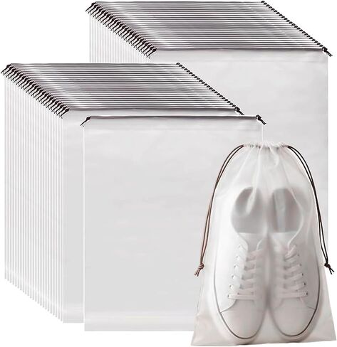 HAKZEON 100 PCS 16x20 Inch Clear Plastic Drawstring Bags, Portable Translucent Shoes Storage Organizers Pouch with Rope, Thickness 2 Mil Travel Bags for Sneakers, Dress Shoes, Slippers, Sandals in Kuwait