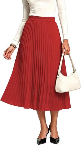 Urban CoCo Women's Elastic High Wasit Pleated Skirt Woven Casual Midi Swing Skirt in Kuwait