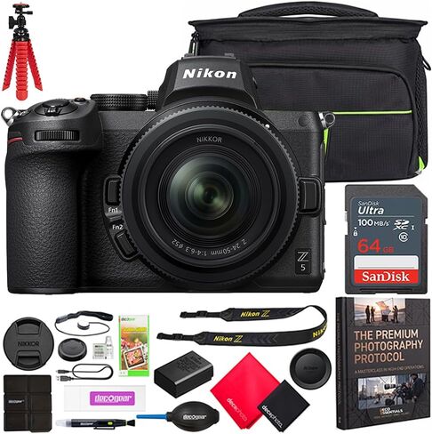 هيكل كاميرا Nikon Z5 بدون مرآة بإطار كامل مع مجموعة عدسات مقاس 24-50 مم f/4-6.3 وحزمة FX-Format 4K UHD مع حقيبة ظهر للتصوير الفوتوغرافي Deco Gear + إضاءة LED للصور والفيديو + بطاقة 64 جيجابايت + برامج وملحقات in Kuwait